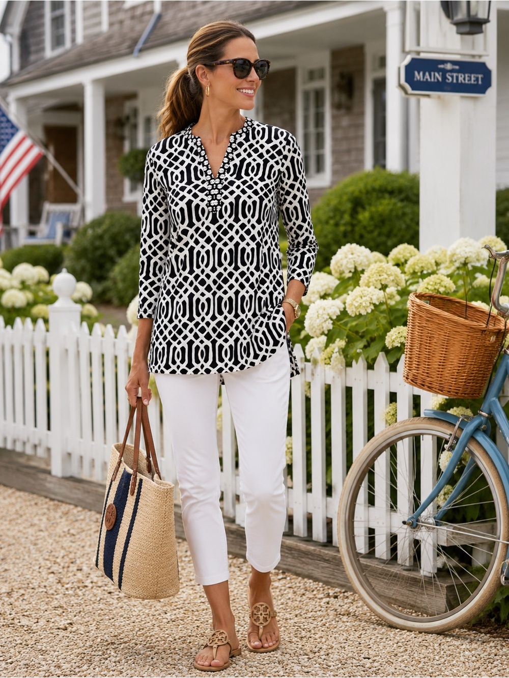 J.McLaughlin Black White Geometric Catalina Tunic Top Small
